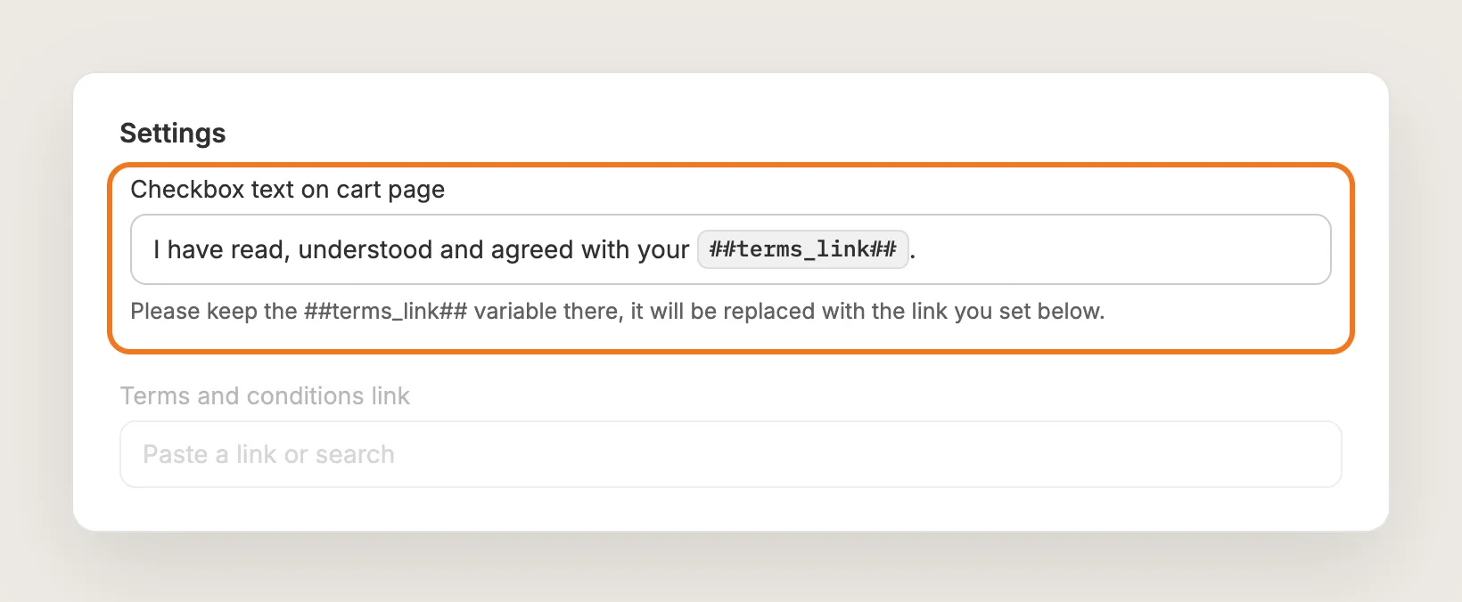 Settings card with the Checkbox text on cart page field and the ##terms_link## variable highlighted