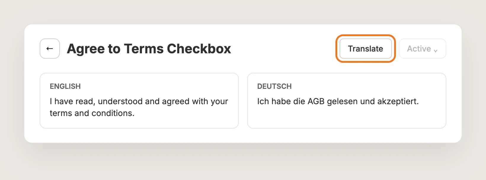 Agree to Terms Checkbox page header with the Translate button highlighted and the checkbox text in English and German