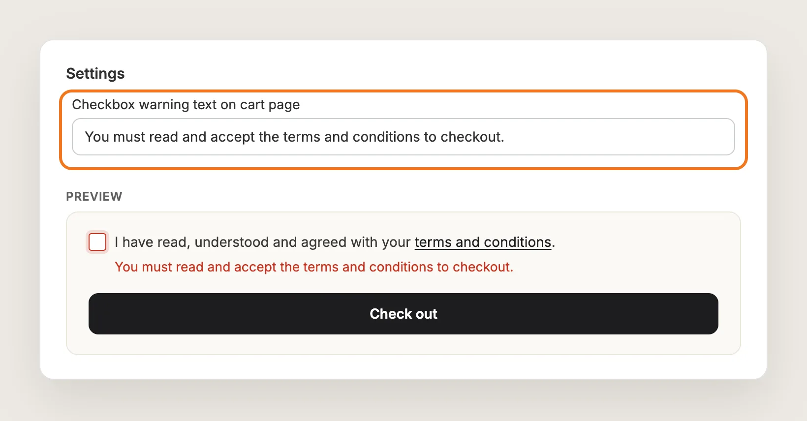 Checkbox warning text on cart page field and a preview with the warning shown under an unticked checkbox