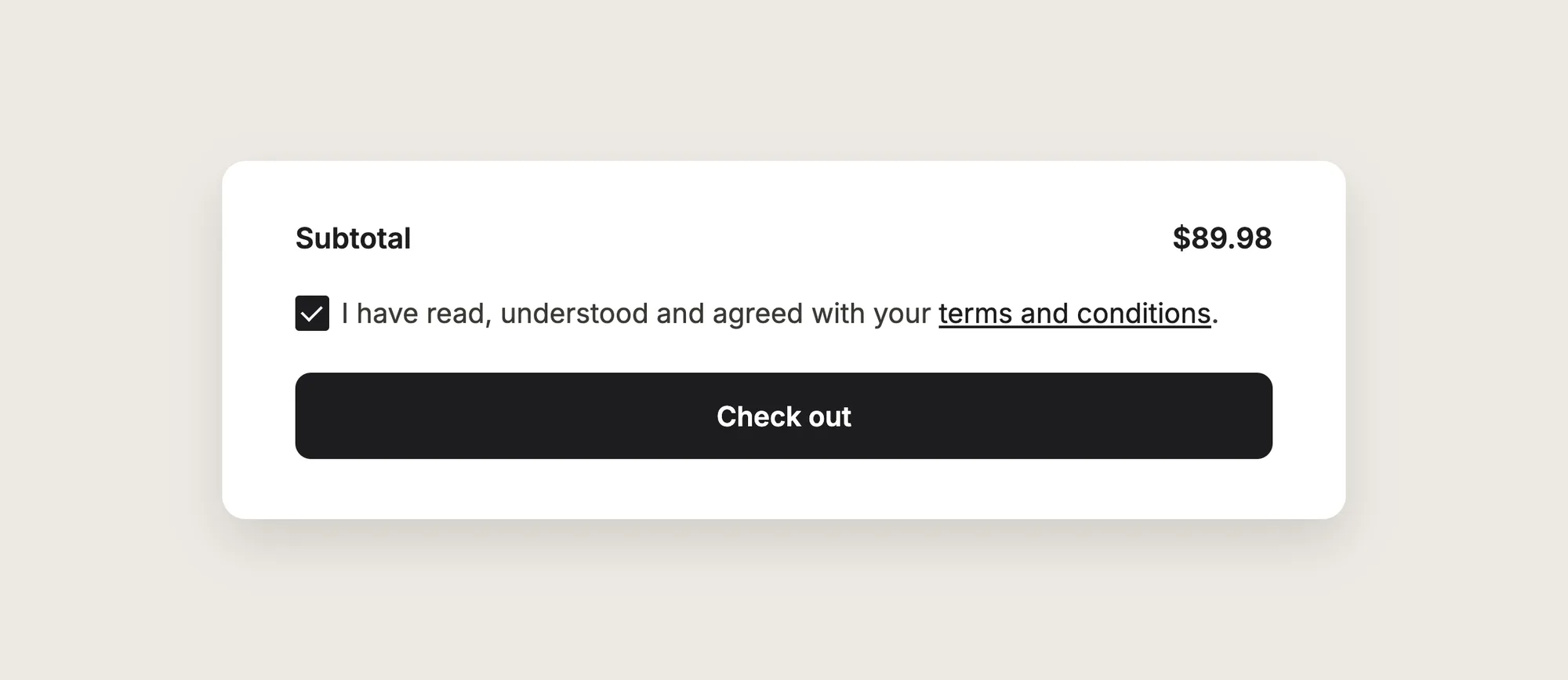 Close-up of a ticked checkbox with the text "I have read, understood and agreed with your terms and conditions" above a Check out button