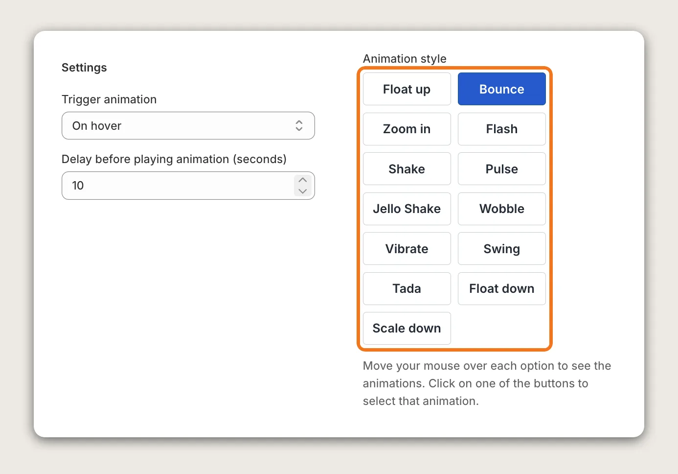 Vitals Animated Add to Cart Settings card with the 13 Animation style buttons highlighted and Bounce selected