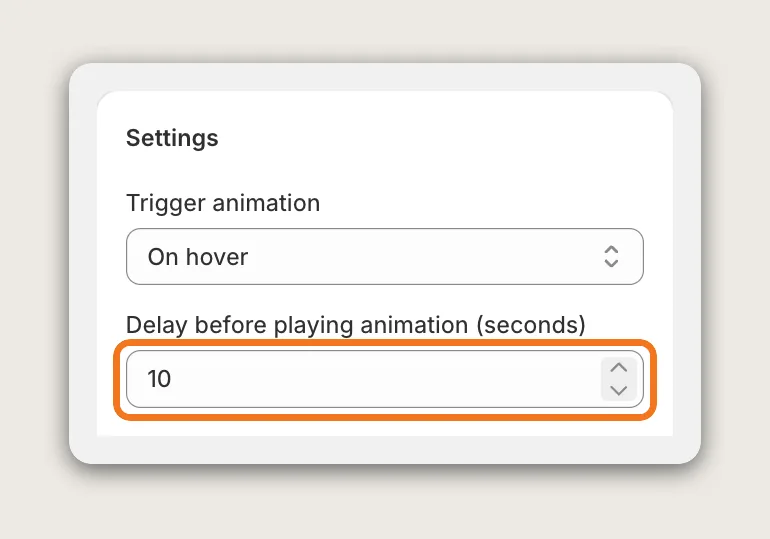 Vitals Animated Add to Cart Settings card with the Delay before playing animation (seconds) field highlighted, set to 10