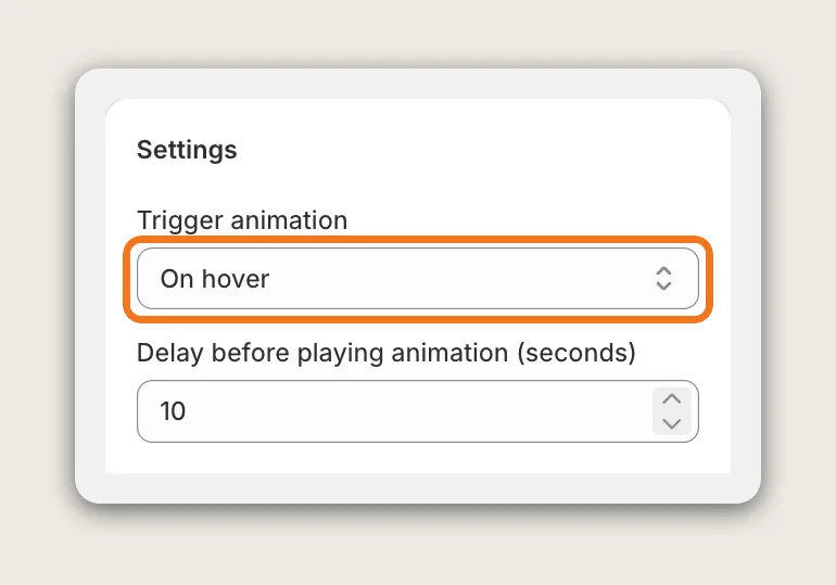 Vitals Animated Add to Cart Settings card with the Trigger animation dropdown highlighted, set to On hover