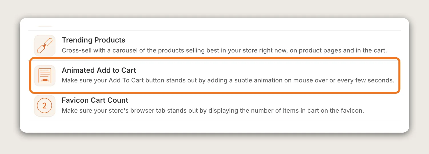Vitals apps list with the Animated Add to Cart row highlighted between Trending Products and Favicon Cart Count