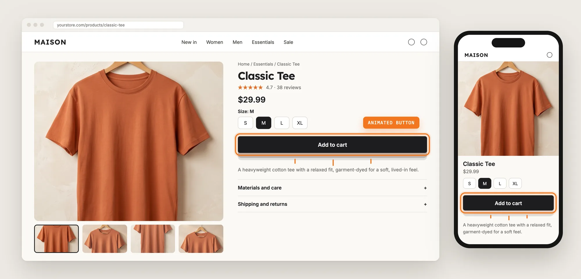 A Shopify product page on desktop and mobile with the animated Add to cart button highlighted
