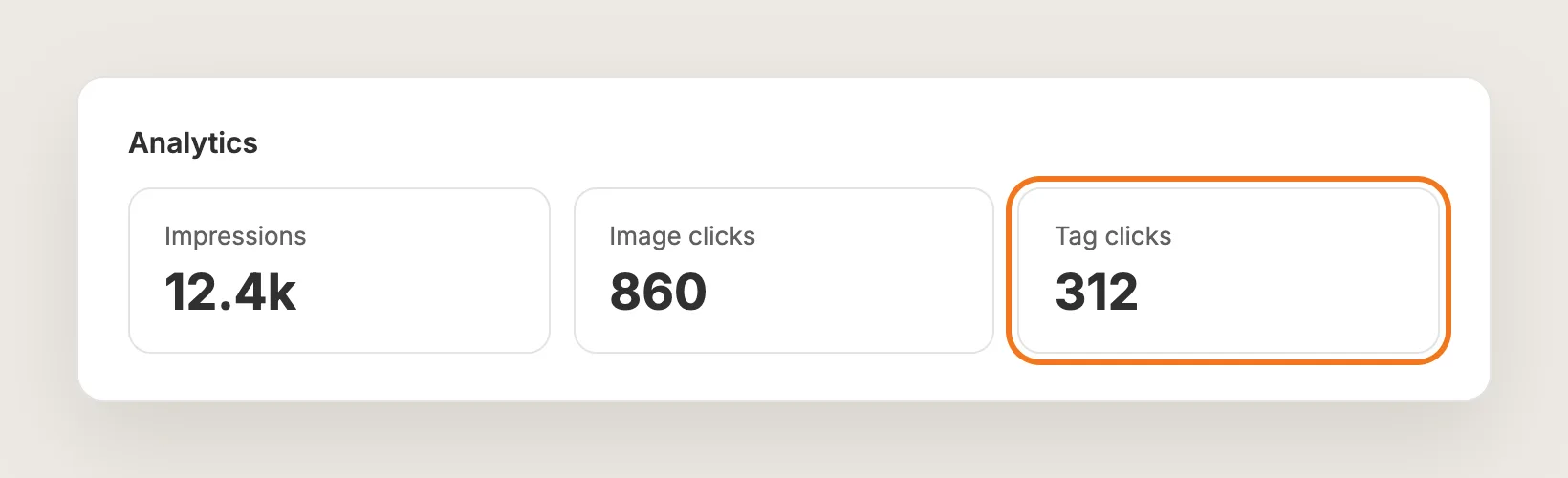 Analytics tab with impressions, image clicks and tag clicks, tag clicks highlighted