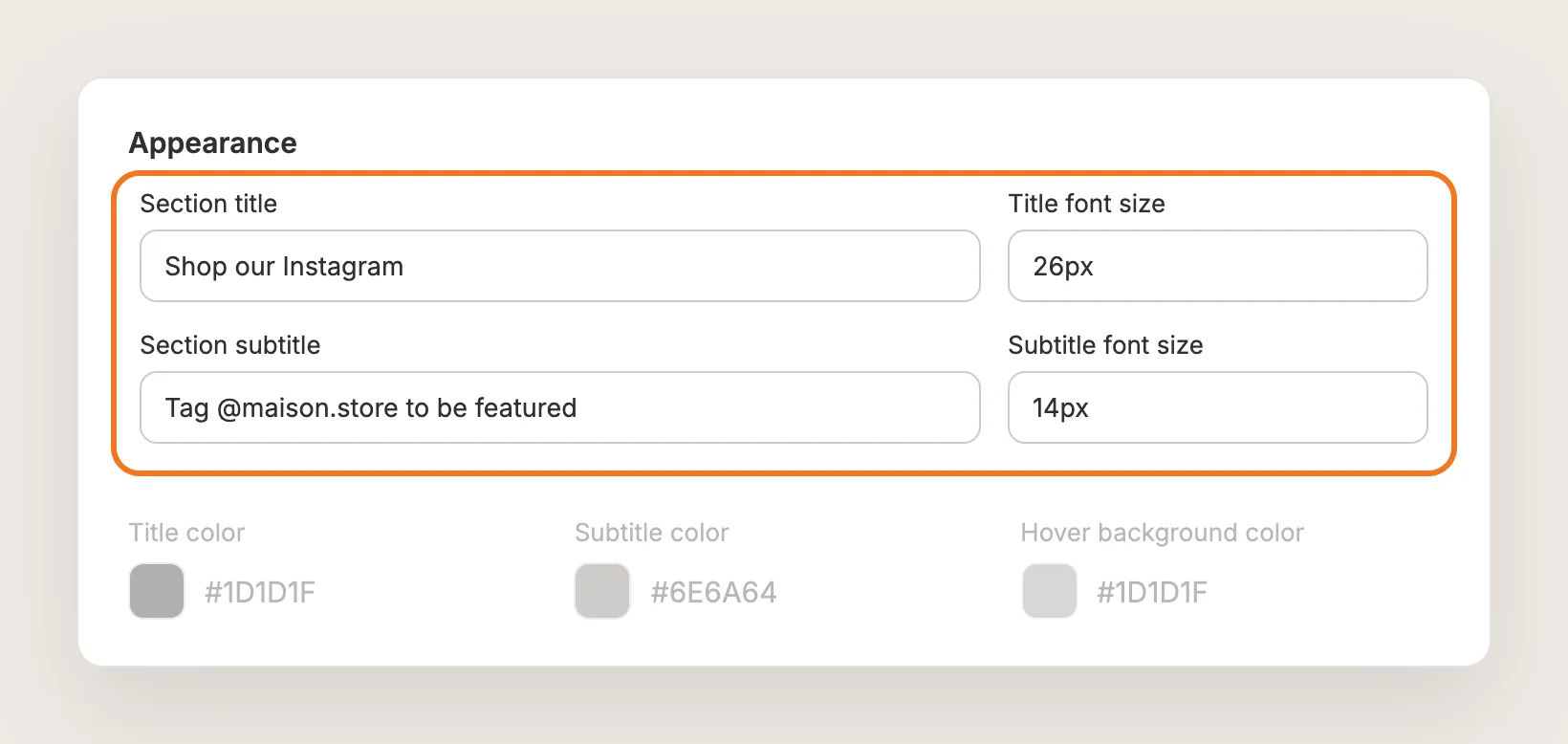 Appearance card with Section title, Section subtitle, font sizes and colors