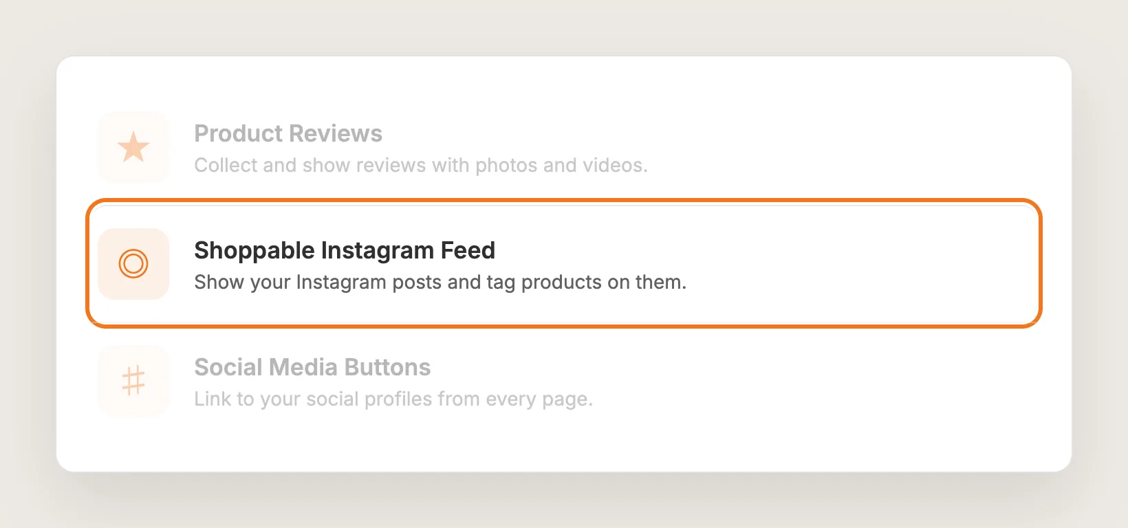 Vitals apps list with the Shoppable Instagram Feed row highlighted