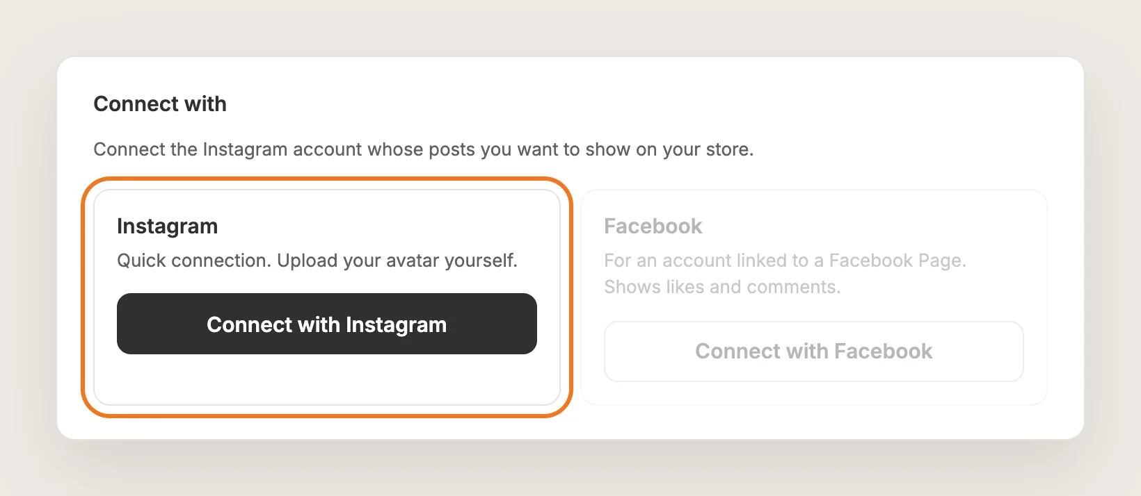 Connect with card showing the Connect with Instagram and Connect with Facebook buttons, with Instagram highlighted