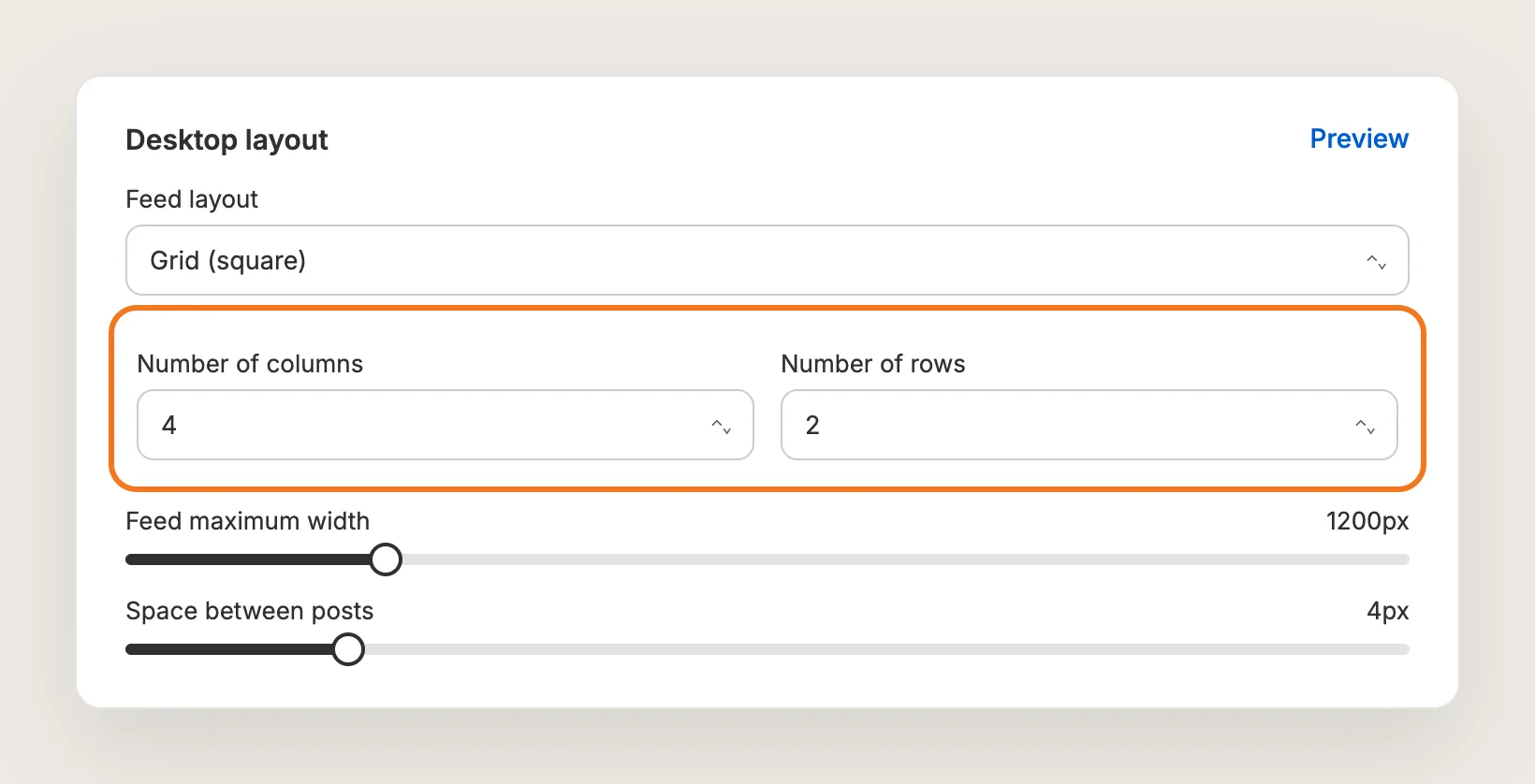 Desktop layout card with Feed layout, Number of columns, Number of rows, Feed maximum width and Space between posts
