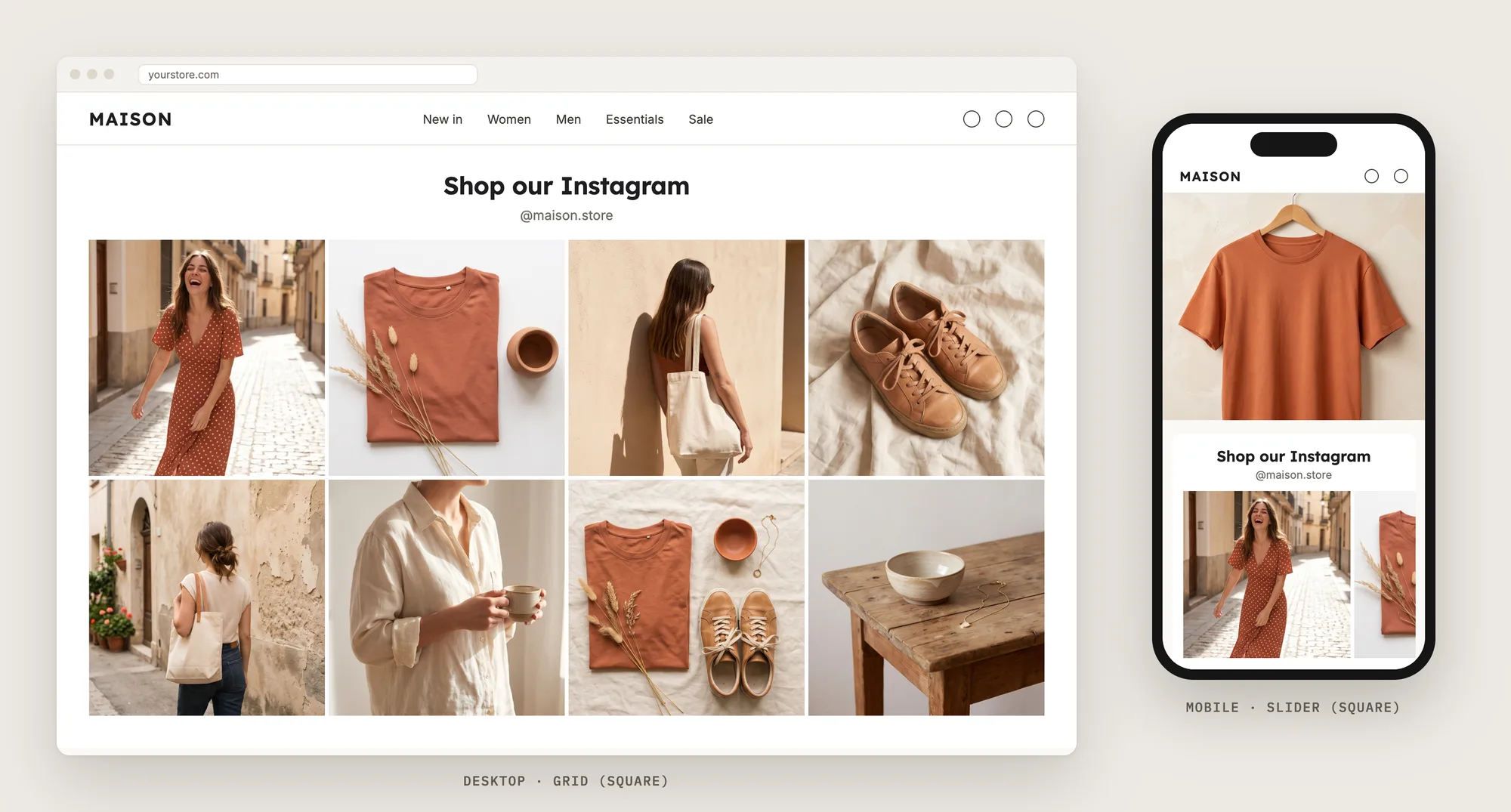 A desktop store with the Instagram feed in a square grid and a phone with the feed as a square slider