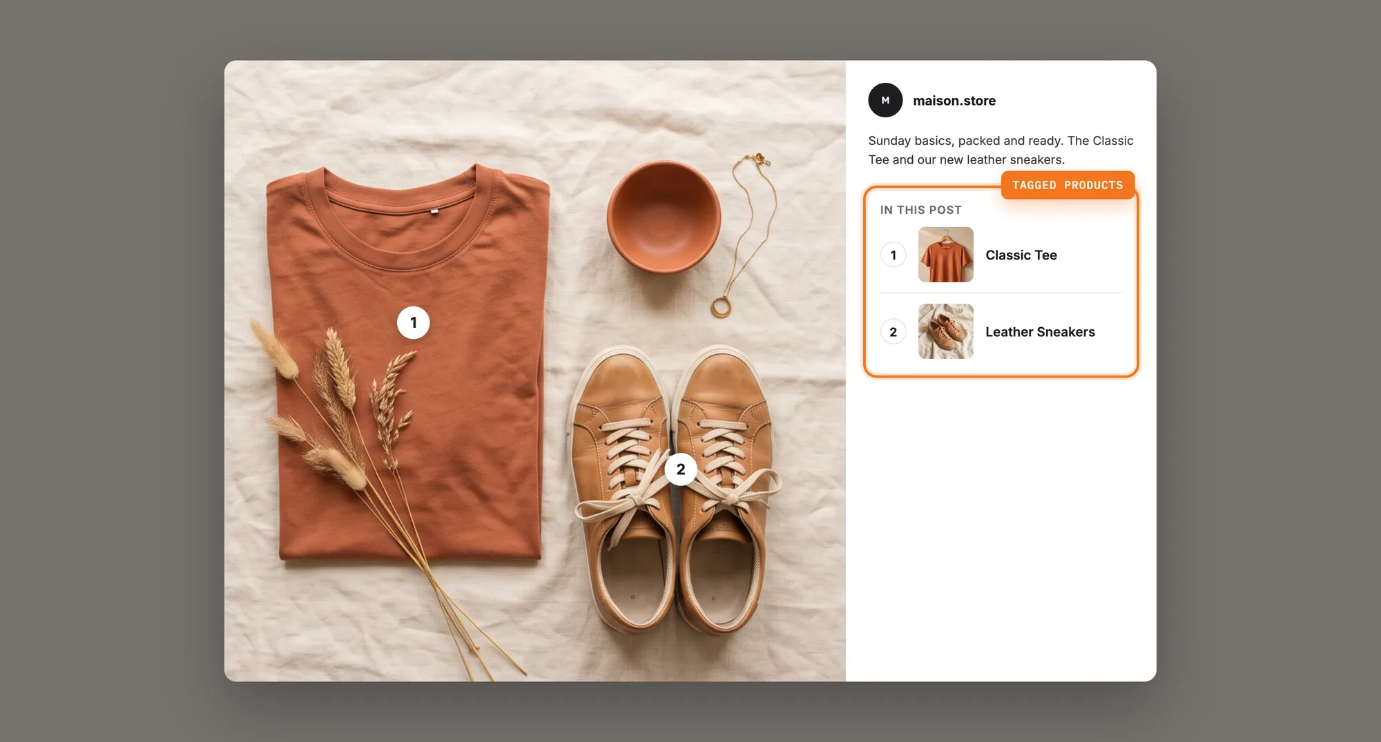 A post window on the store with two numbered markers on the image and the tagged products listed beside it