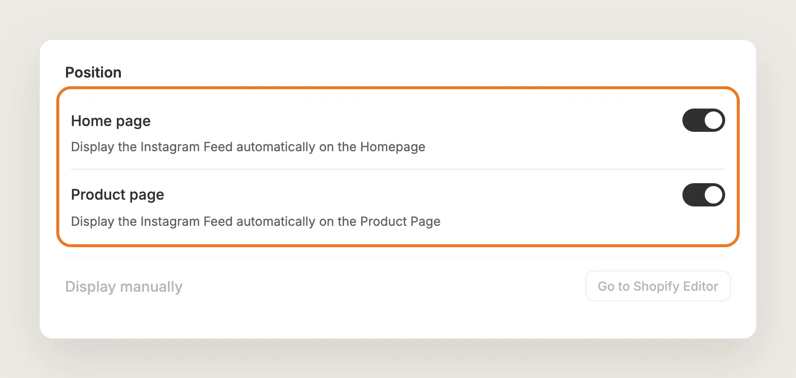 Position card with the Home page and Product page switches turned on