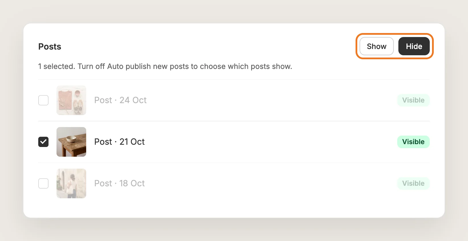 Posts tab with one post selected and the Show and Hide buttons highlighted