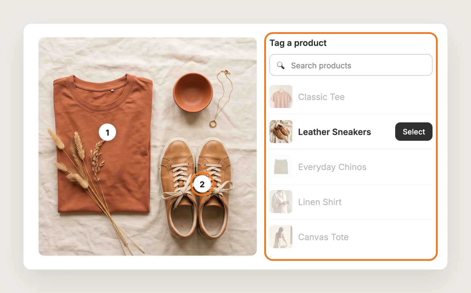 Post editor with numbered tags on an Instagram post and the Tag a product picker with Leather Sneakers selected
