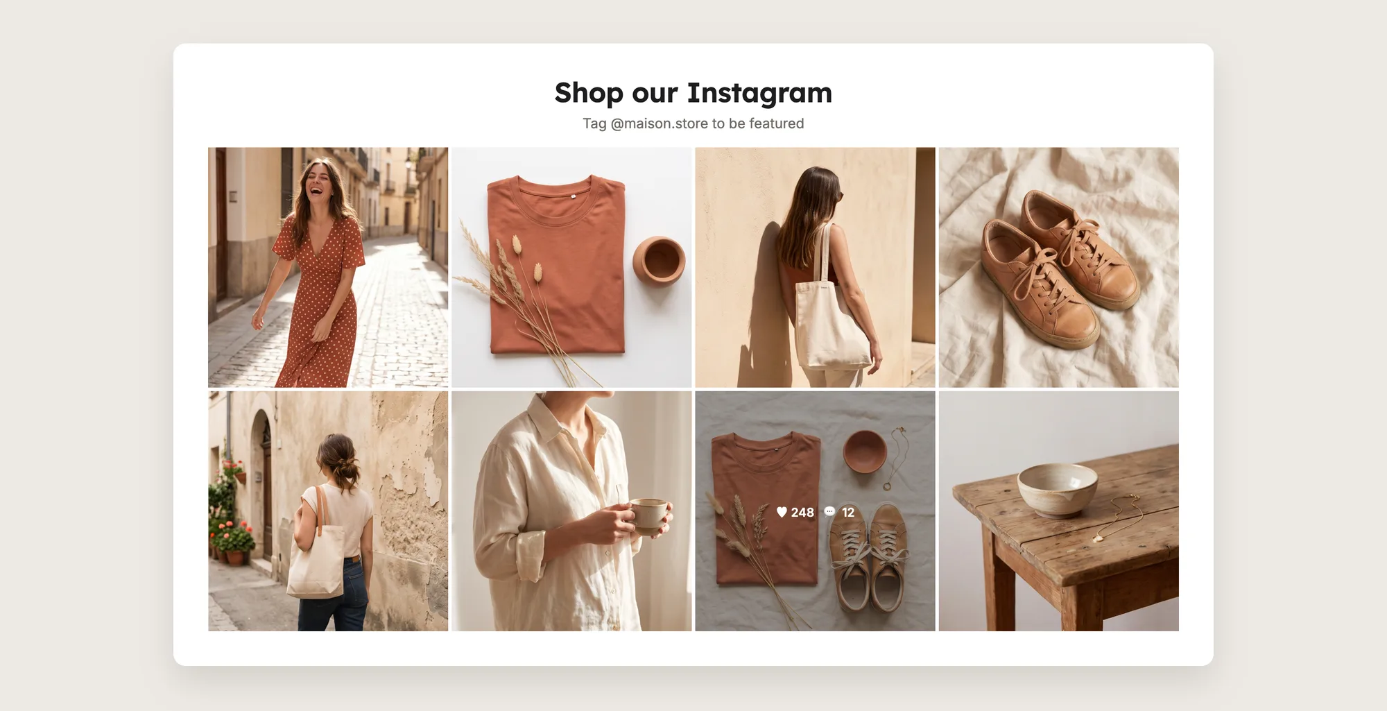 Close-up of a Shop our Instagram section with a title, a subtitle and eight posts in a four-column grid