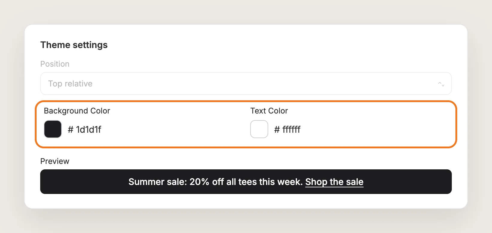 Theme settings card with Background Color and Text Color highlighted, and a preview of the announcement bar