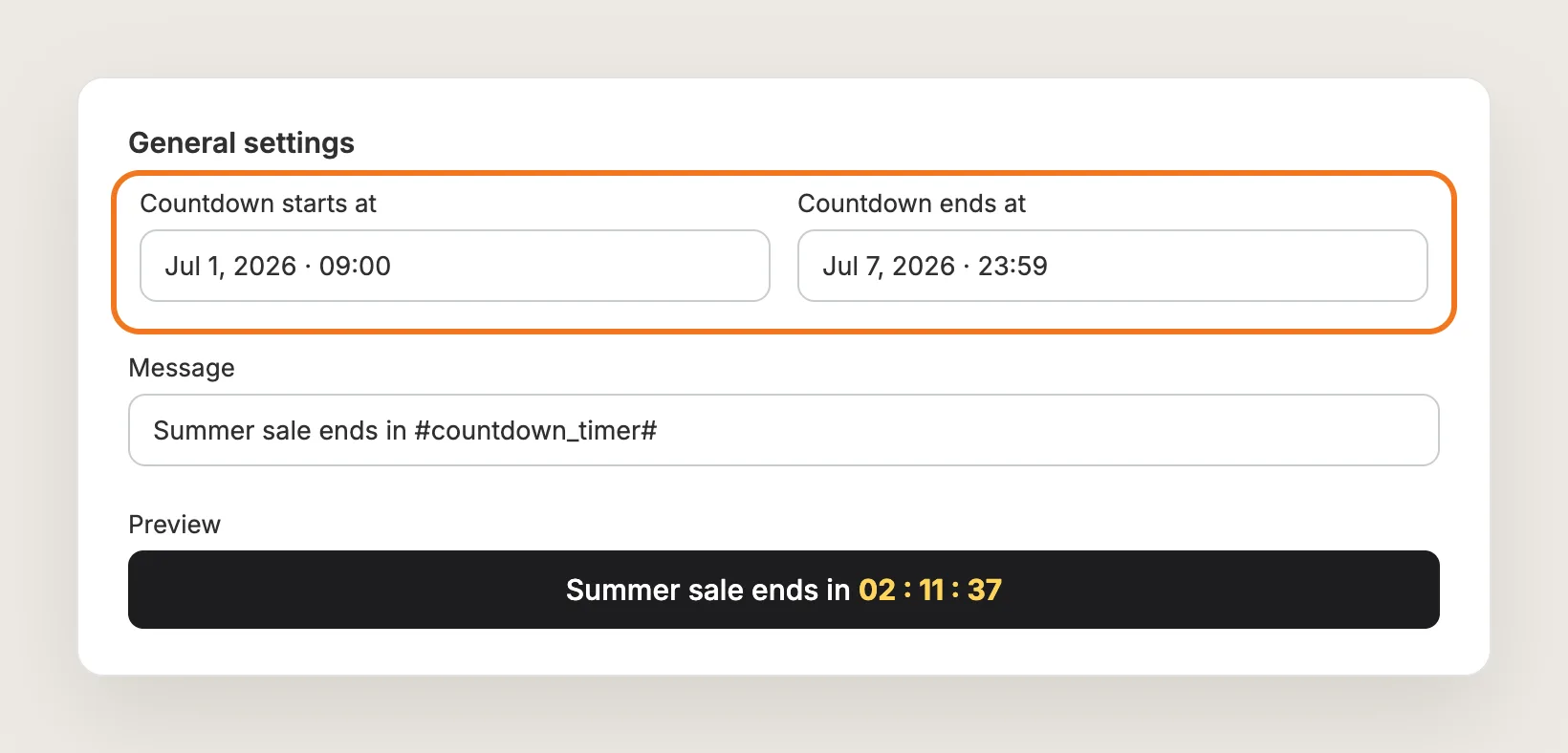 Countdown Timer general settings with Countdown starts at and Countdown ends at highlighted, and a preview reading "Summer sale ends in 02 : 11 : 37"