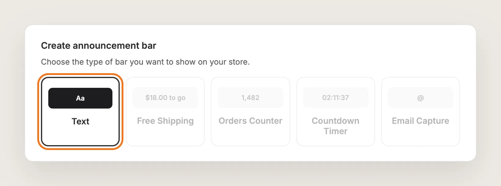 Create announcement bar card with five bar types and Text highlighted