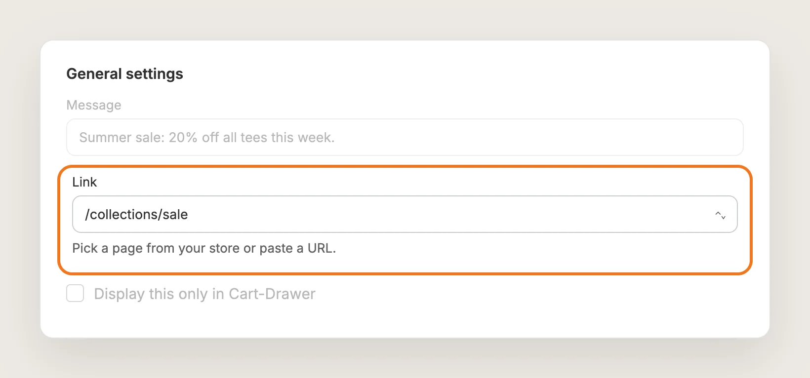 General settings card with the Link field highlighted and set to the sale collection