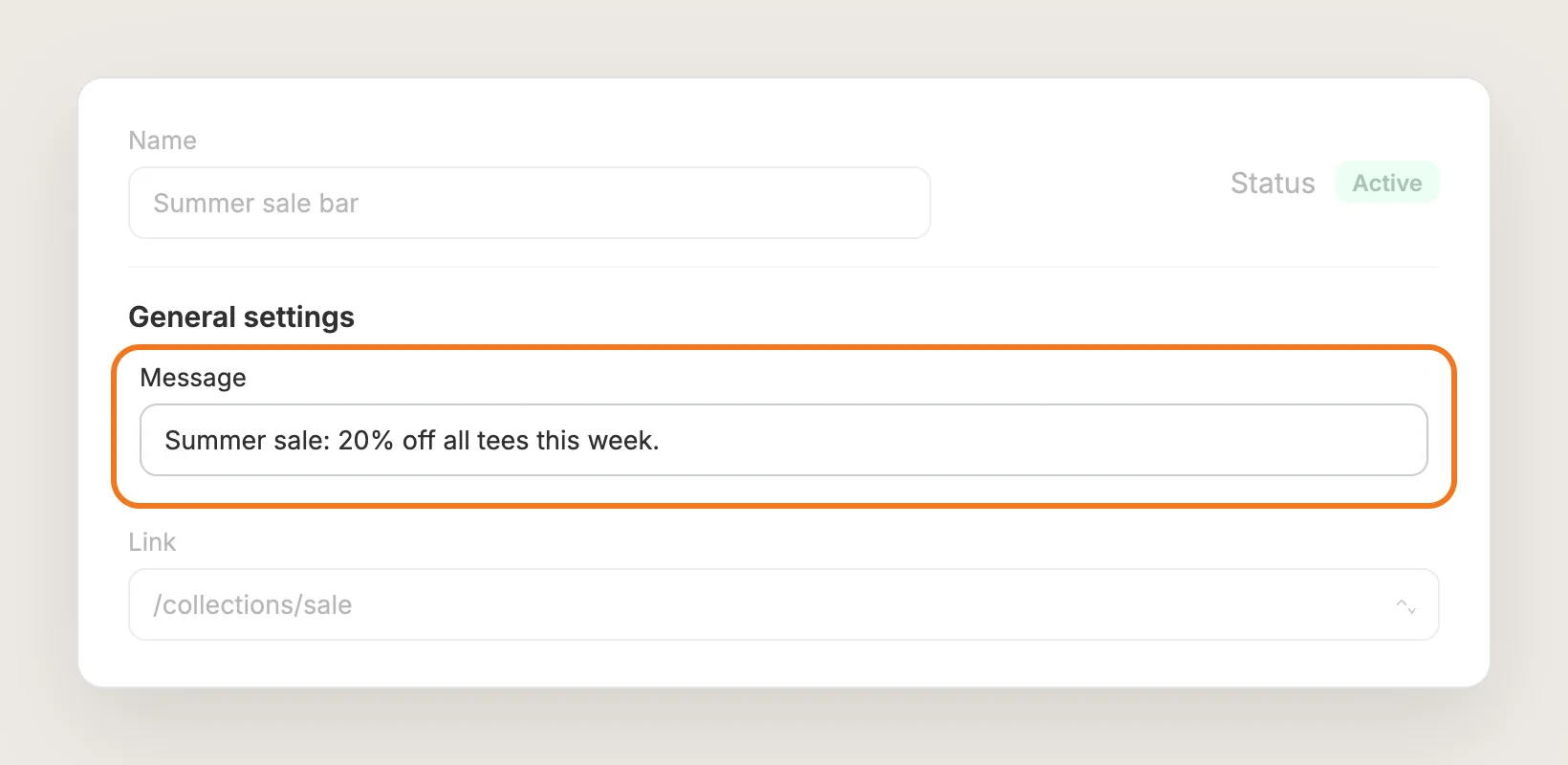 General settings card with the Message field highlighted