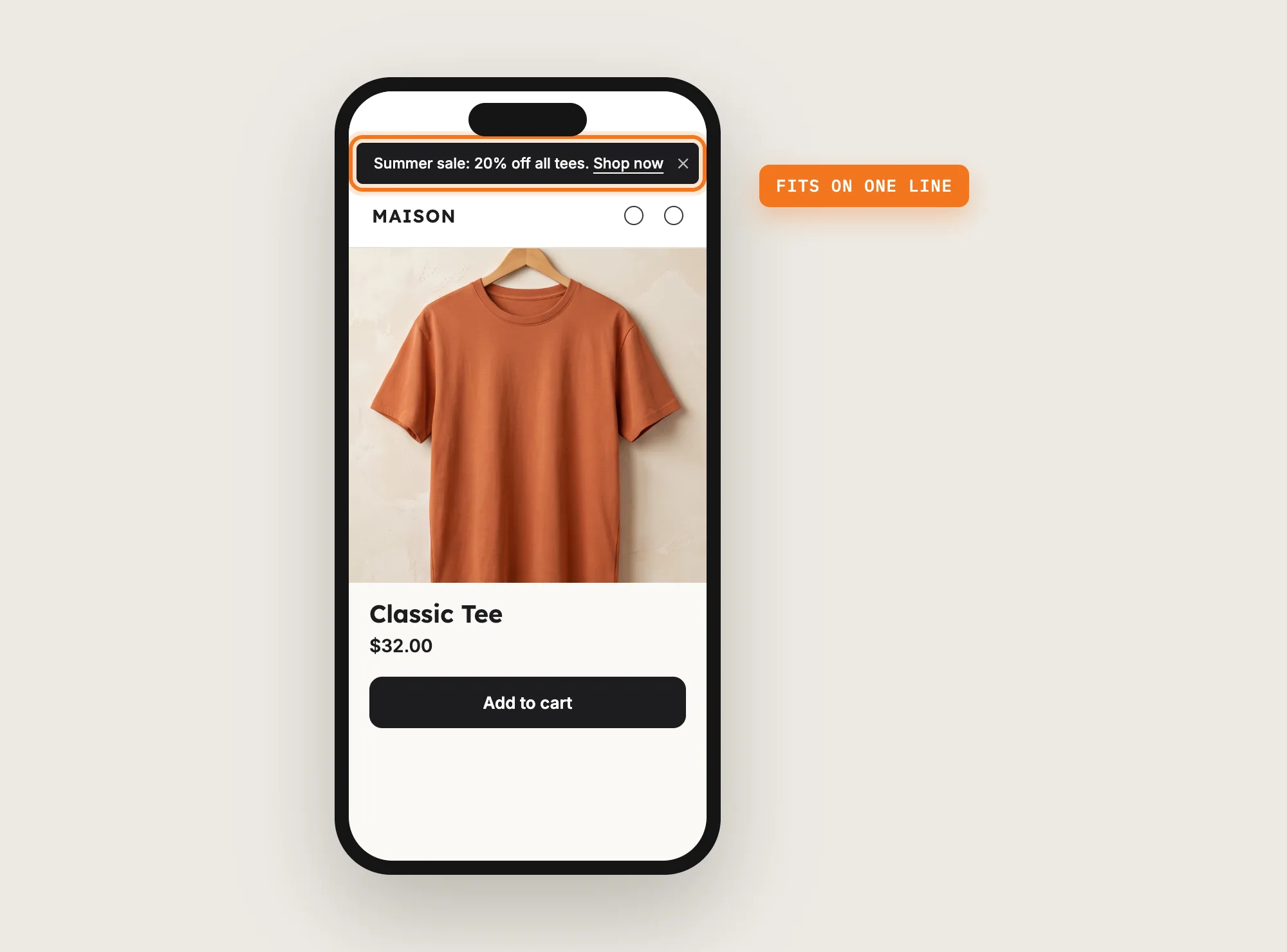 A phone showing a product page with the announcement bar at the top, fitting on one line
