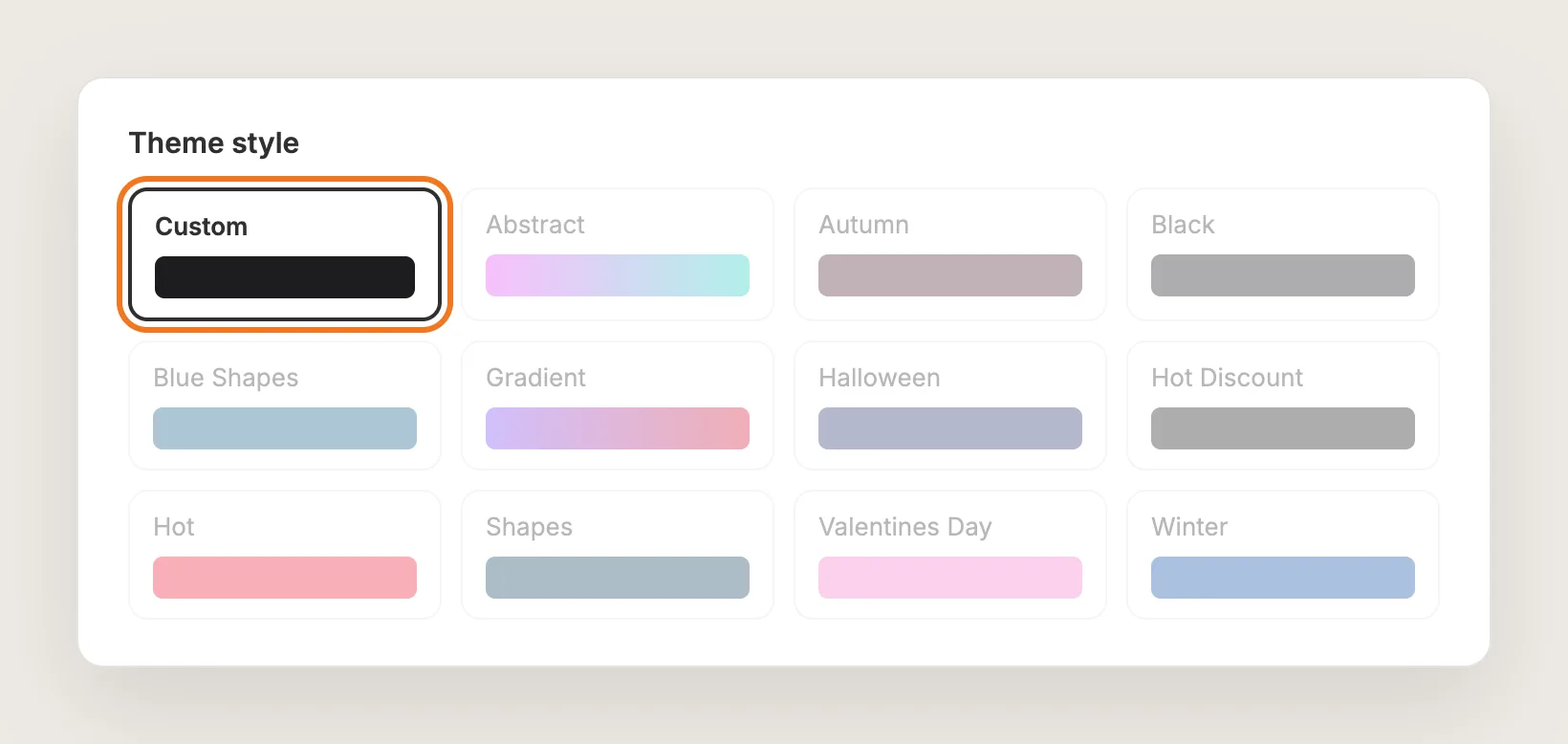 Theme style card with twelve options and Custom selected