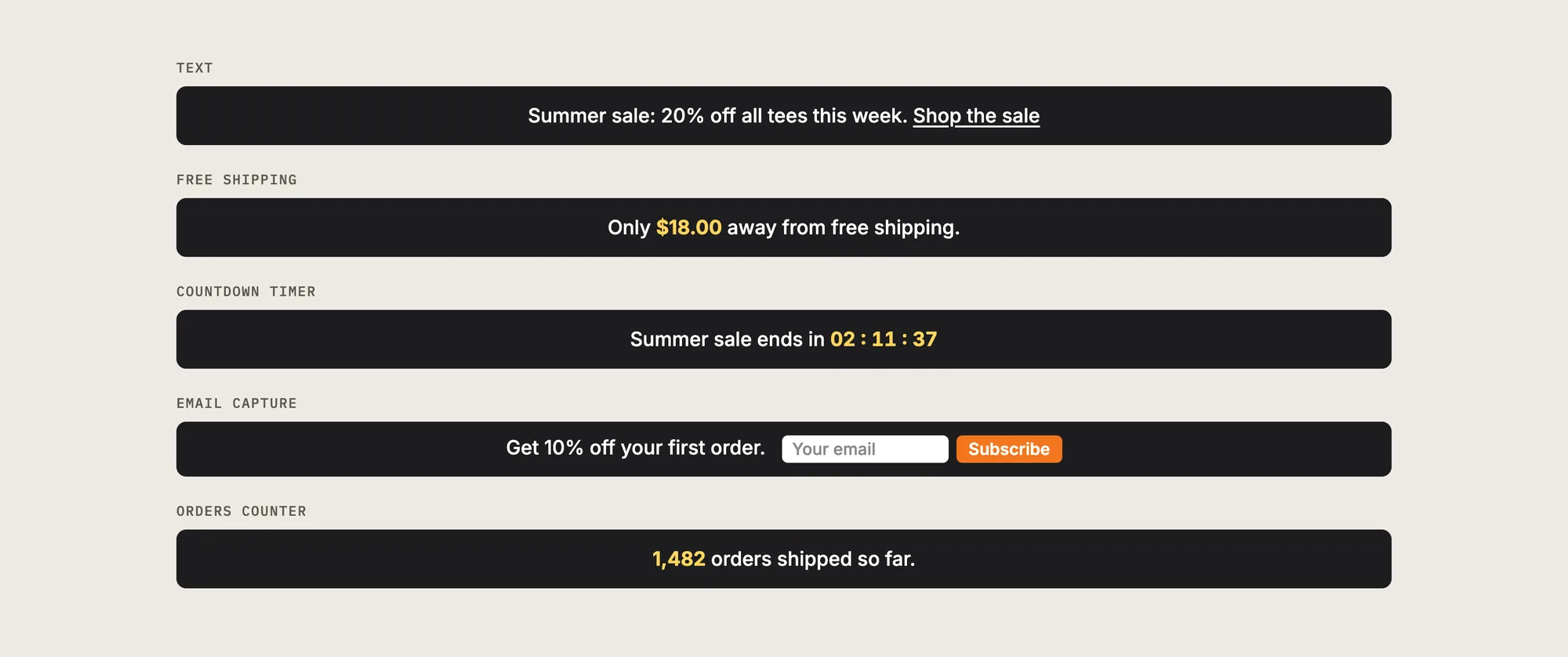 Five announcement bars: a text bar, a free shipping bar, a countdown timer bar, an email capture bar and an orders counter bar
