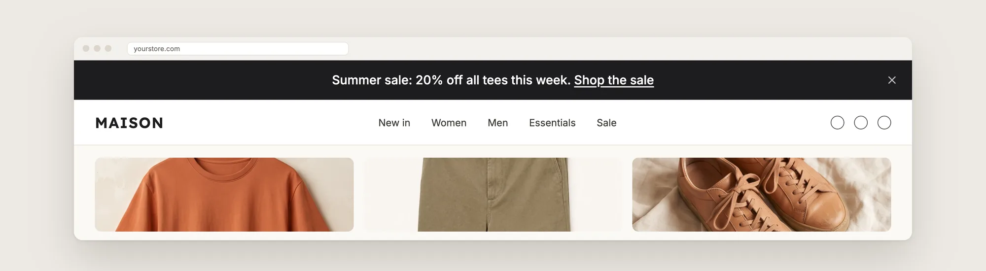 Close-up of a dark announcement bar above a store header reading "Summer sale: 20% off all tees this week. Shop the sale"
