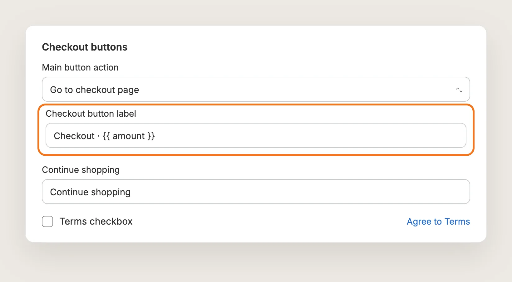 Checkout buttons card with the Checkout button label field highlighted