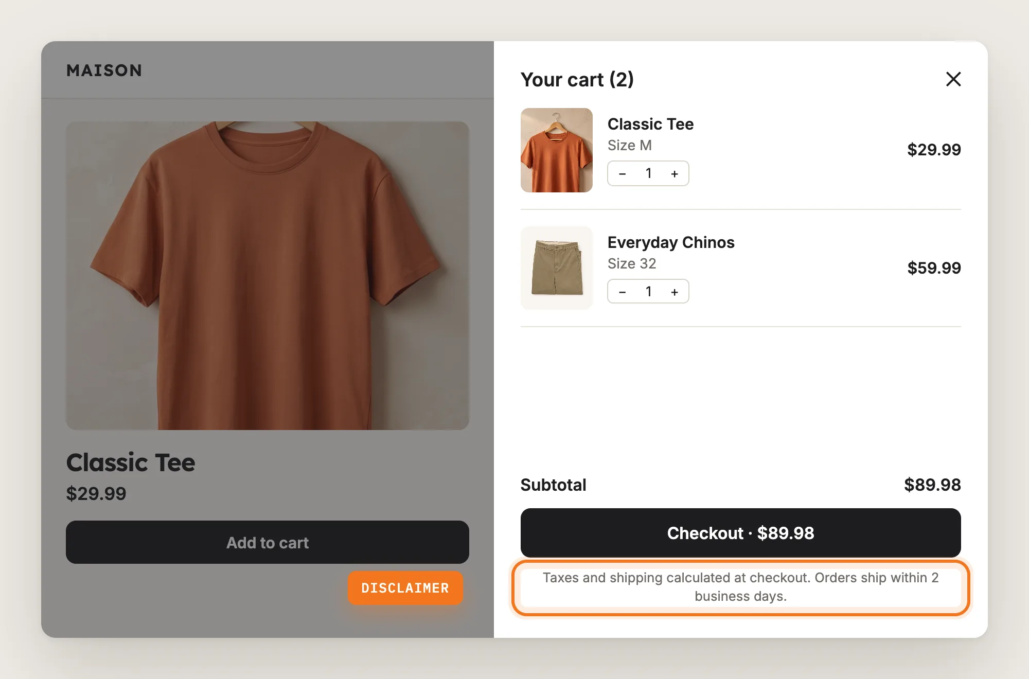 Cart drawer with a disclaimer about taxes and shipping highlighted under the checkout button