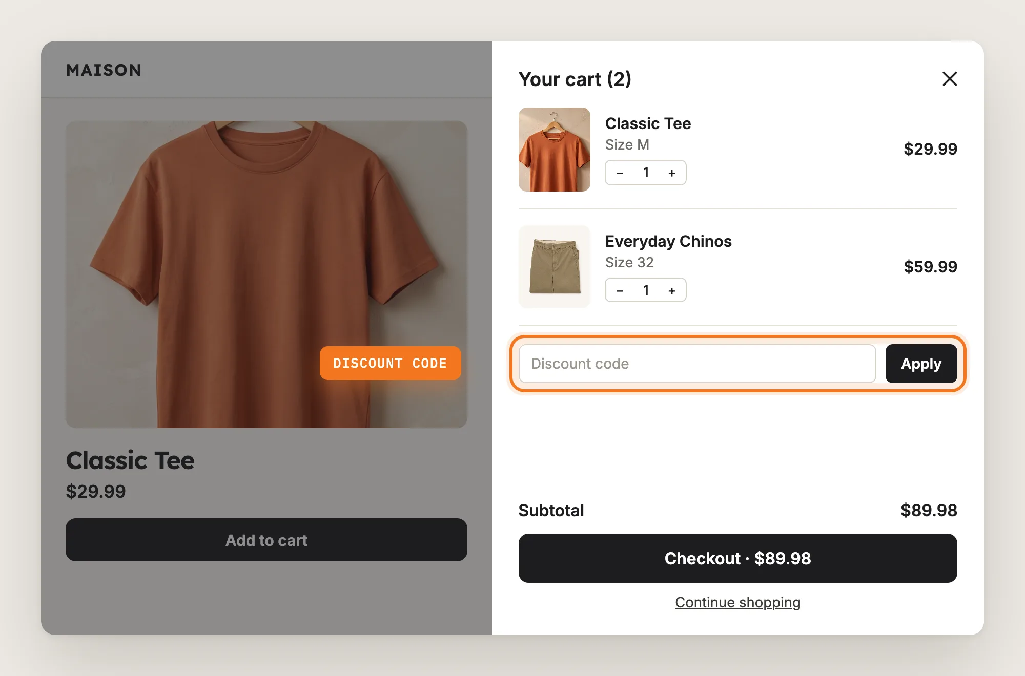 Cart drawer with the discount code field and Apply button highlighted