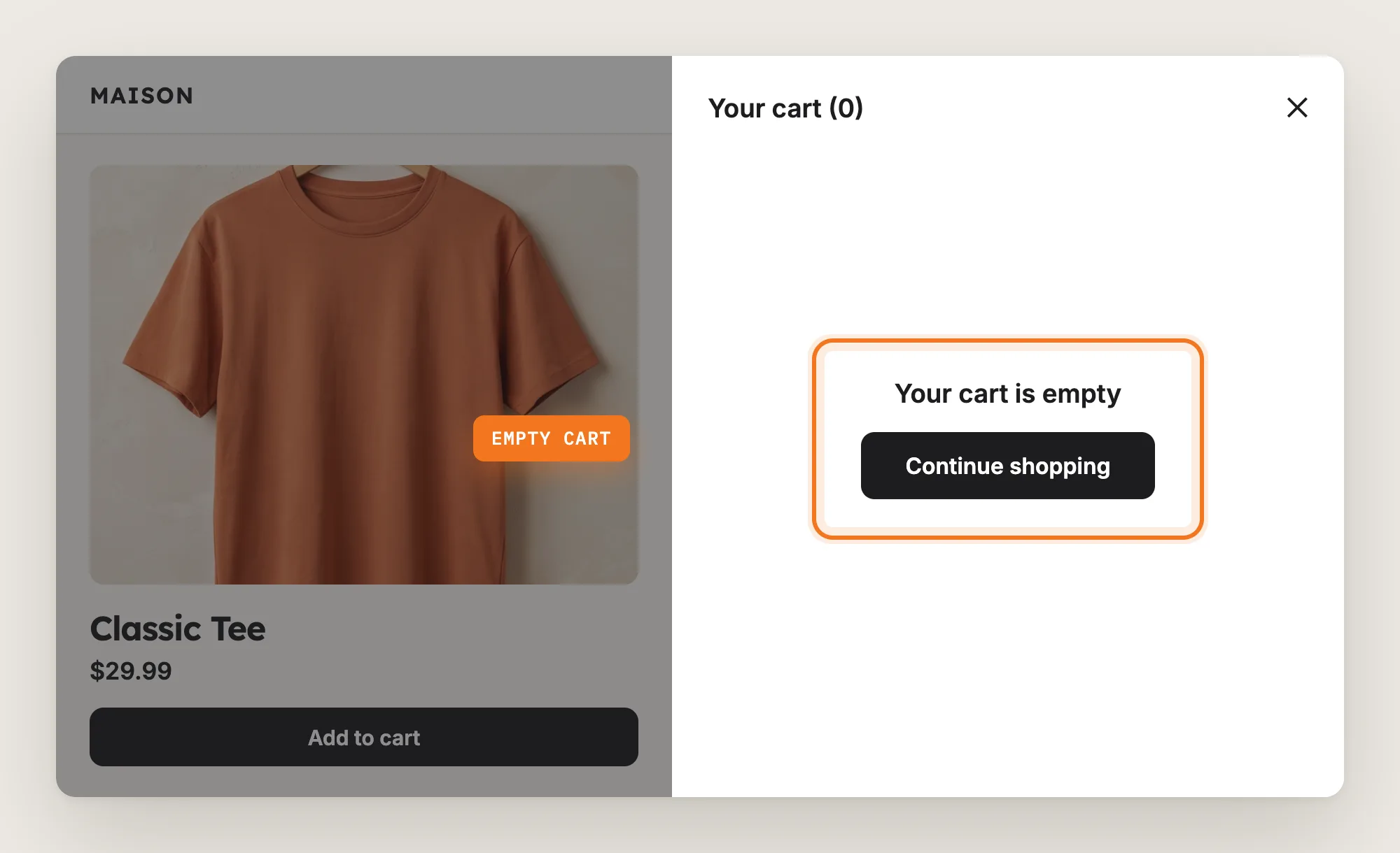 Empty cart drawer with the title and Continue shopping button highlighted