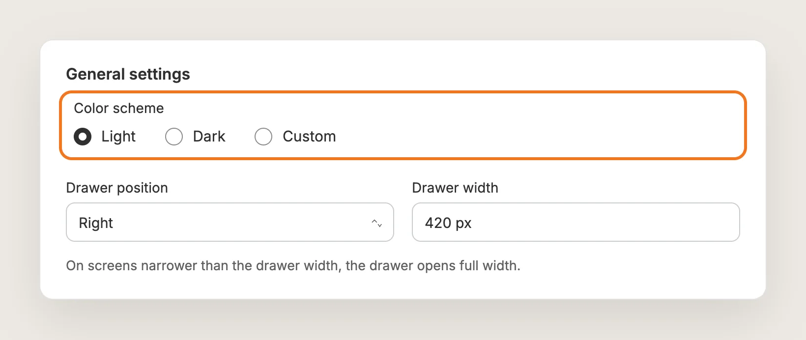General settings card with Color scheme, Drawer position and Drawer width