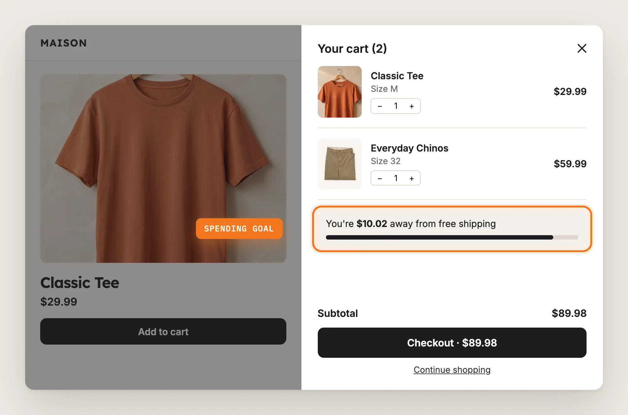 Cart drawer with a free shipping progress bar highlighted above the checkout area