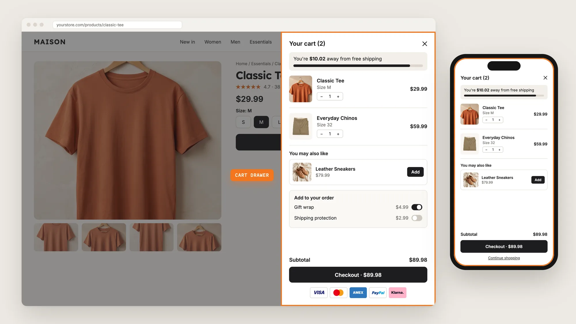 A Shopify product page on desktop and mobile with the cart drawer open and highlighted