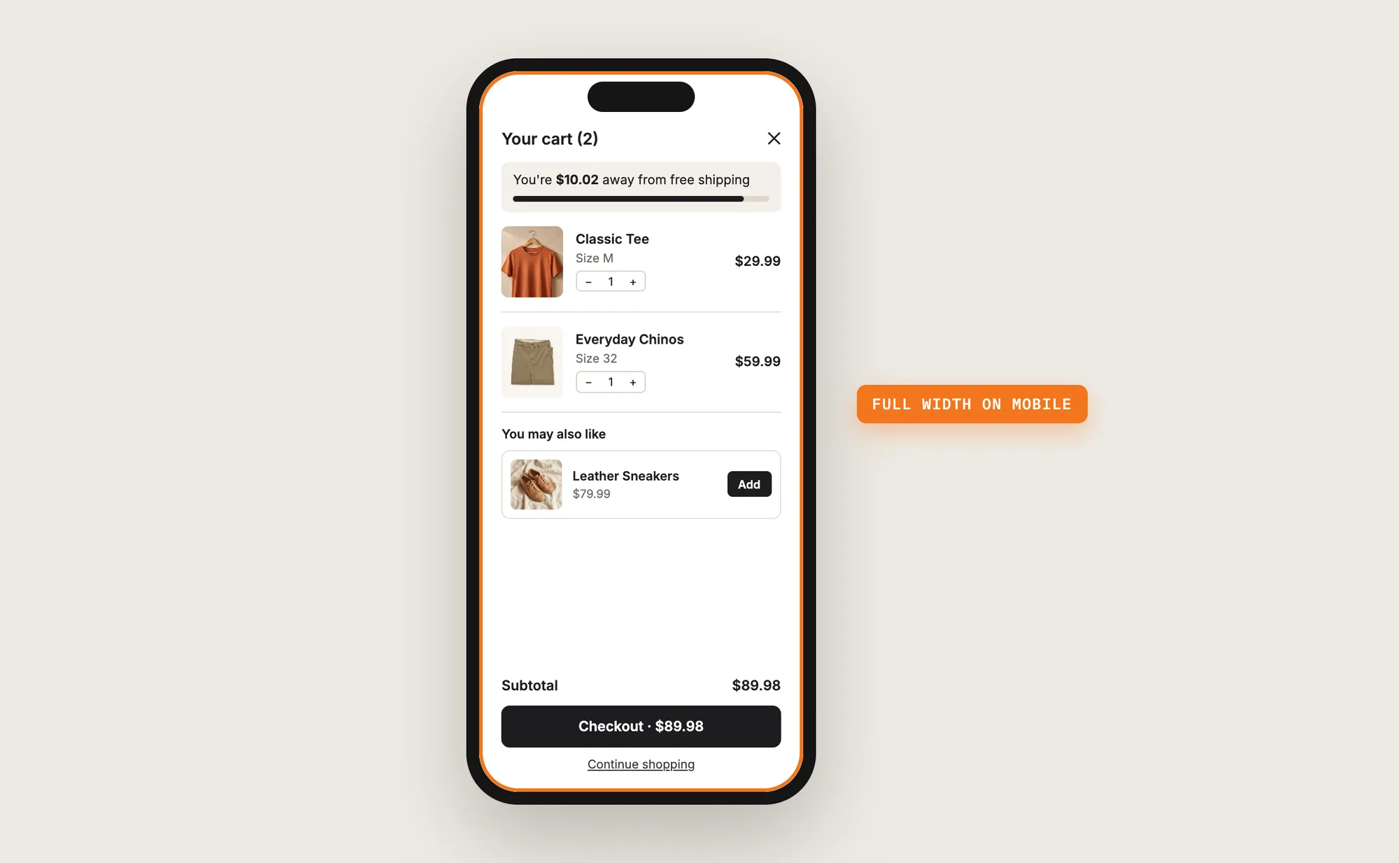 A phone with the cart drawer open full width, showing a free shipping bar, cart items and an upsell