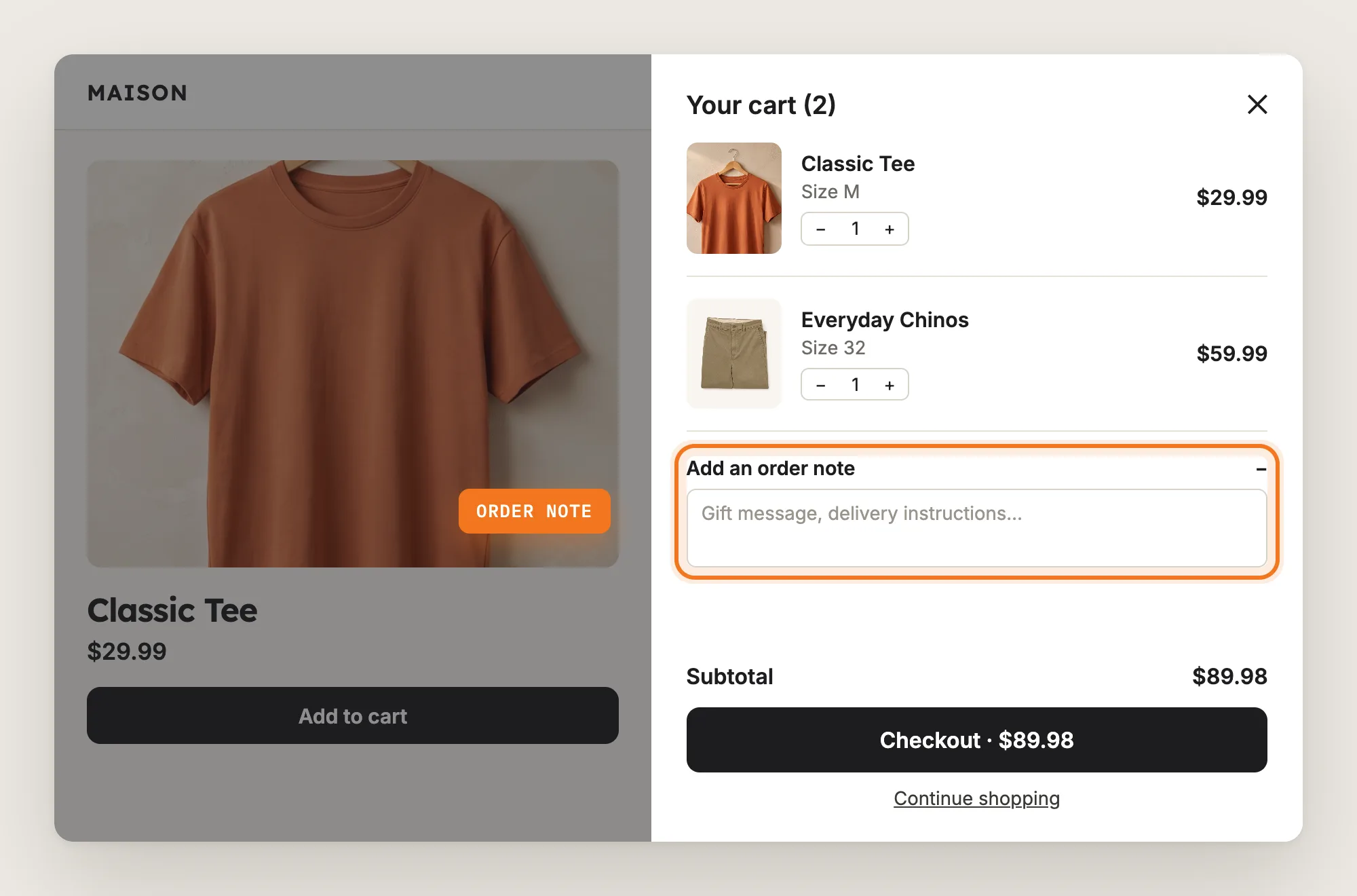 Cart drawer with the order note field highlighted under the cart items
