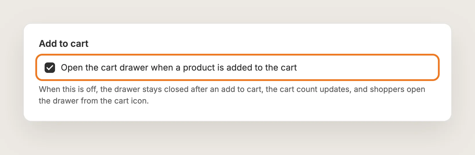 Add to cart card with the Open the cart drawer when a product is added to the cart checkbox highlighted