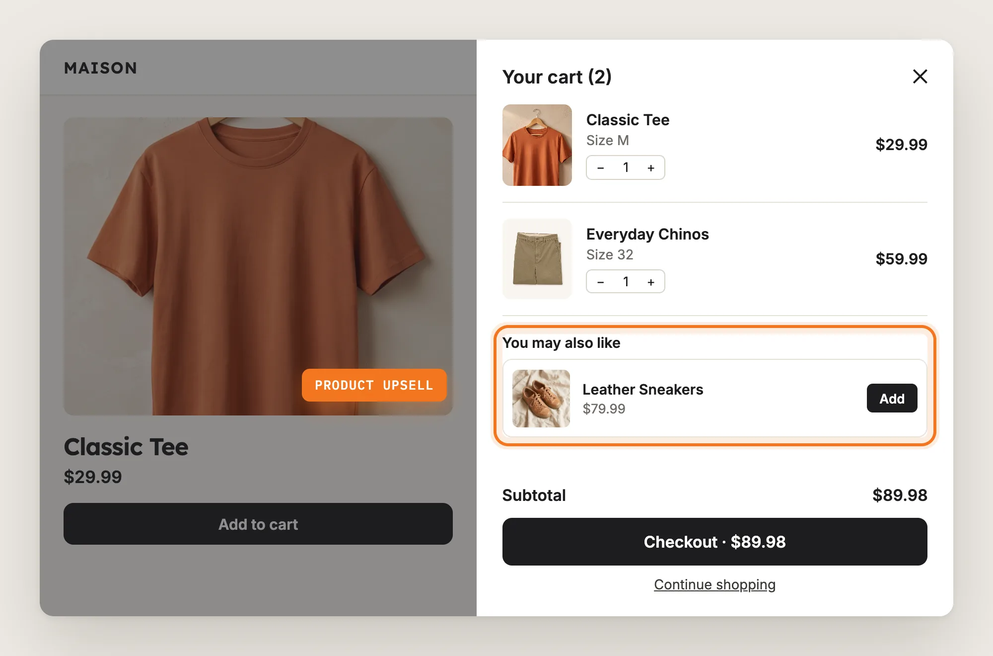 Cart drawer with a product suggestion and an Add button highlighted under the cart items