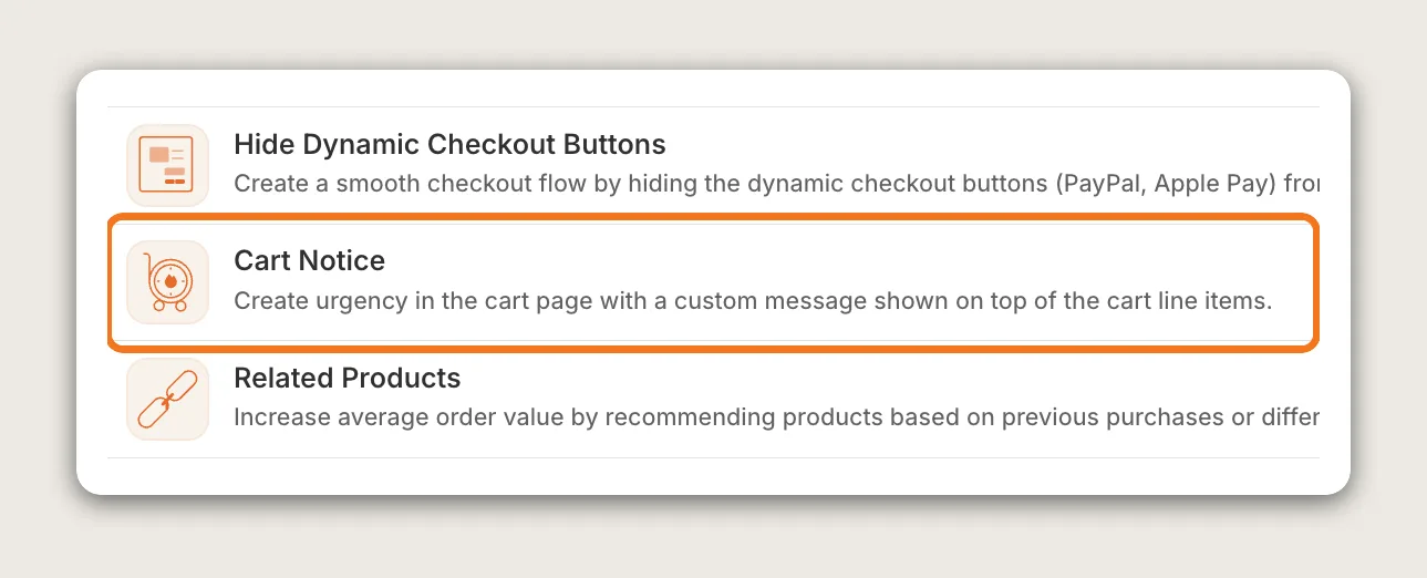 Vitals apps list with the Cart Notice row highlighted
