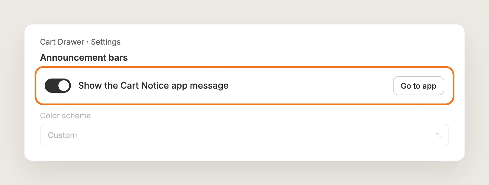 Cart Drawer settings with Show the Cart Notice app message switched on and highlighted