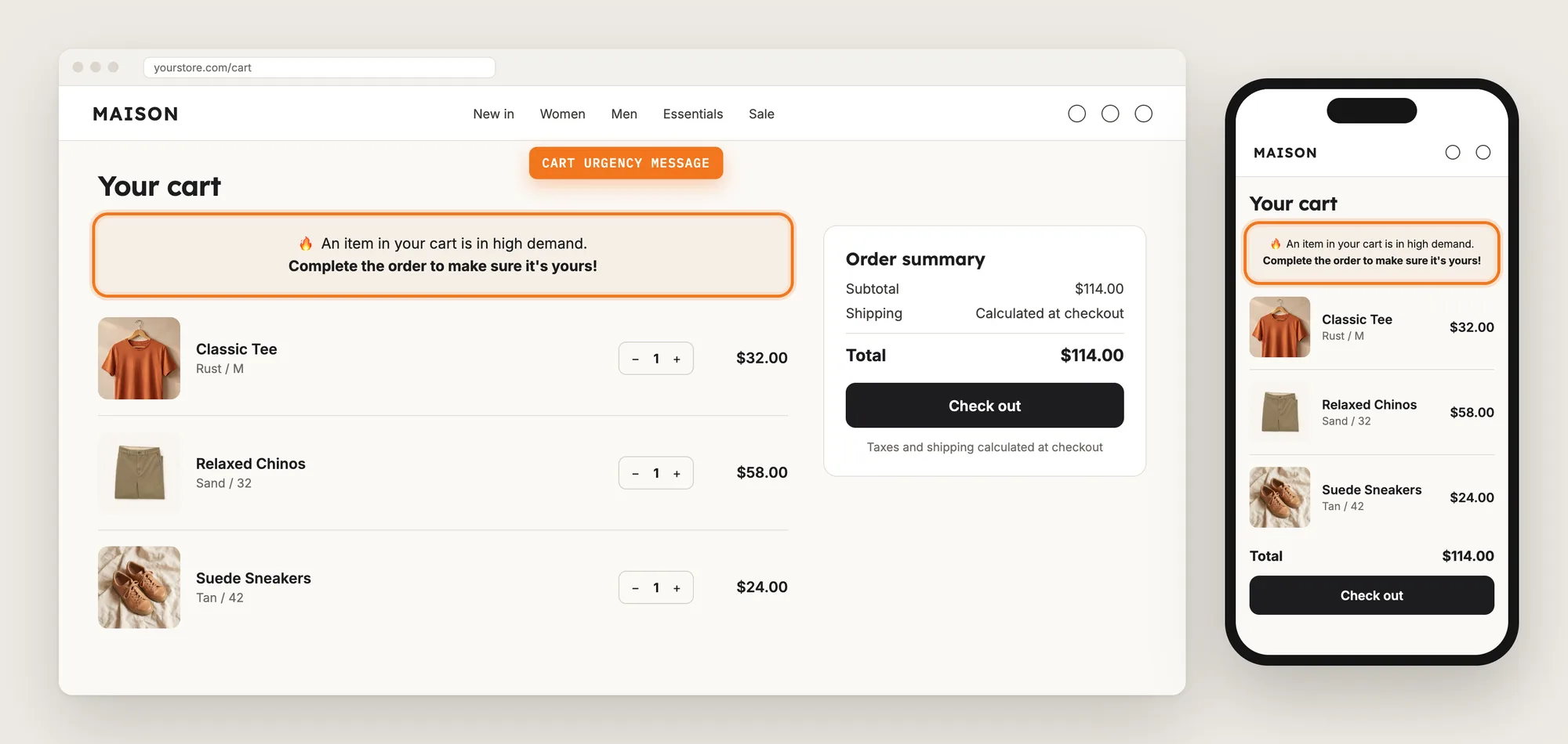 A Shopify cart page on desktop and mobile with the cart urgency message highlighted above the cart items