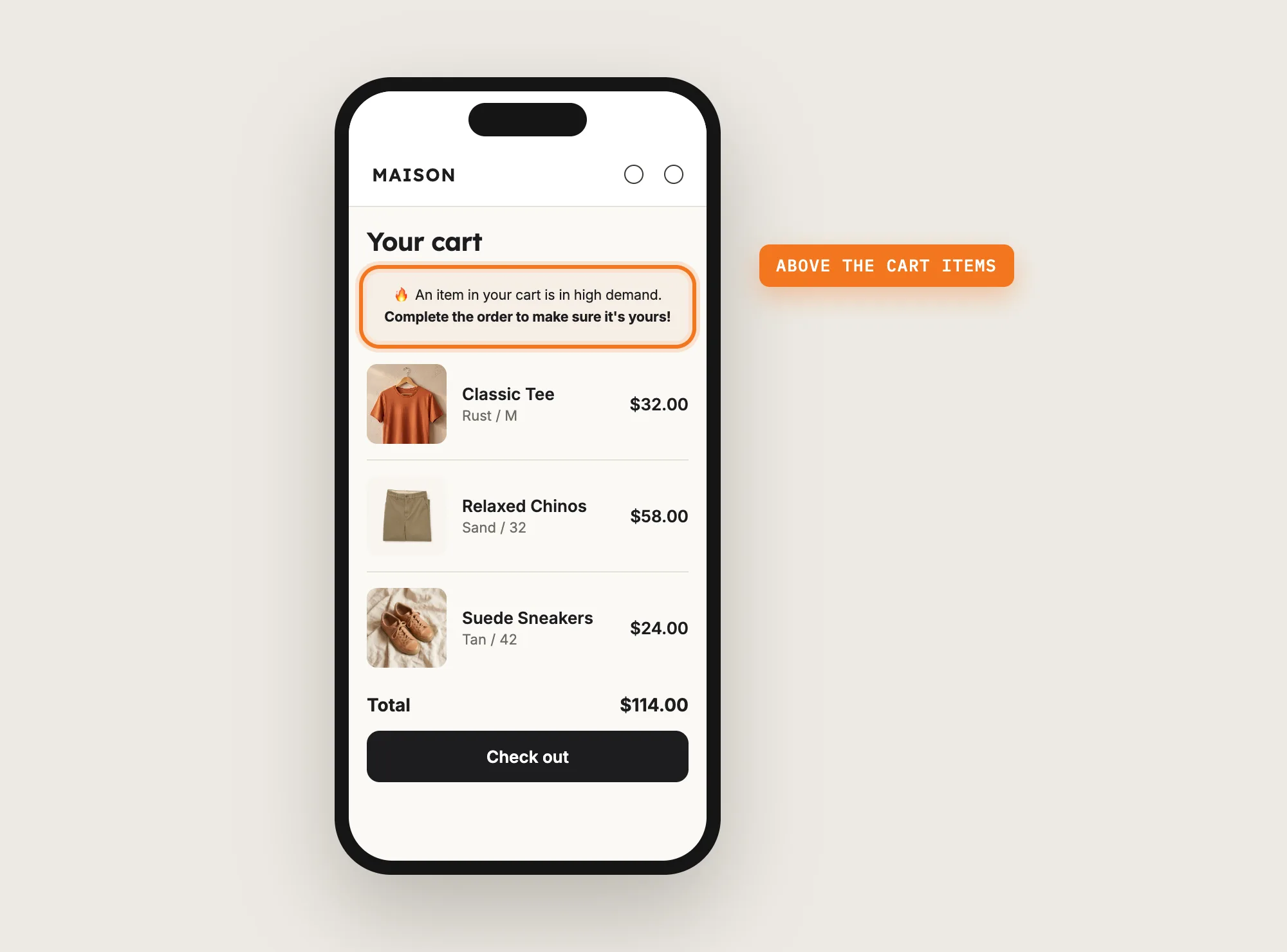 A phone showing a cart page with the cart urgency message above the cart items