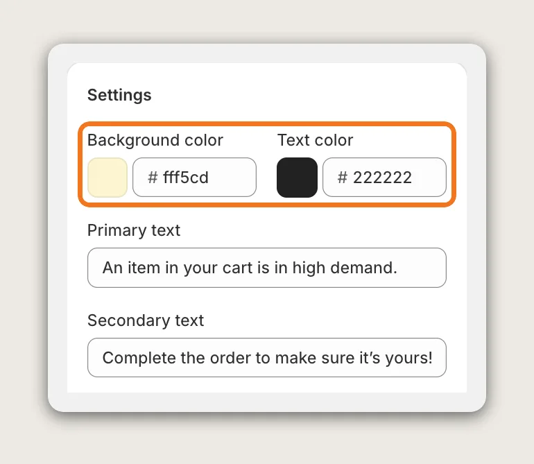 Vitals Cart Notice settings with the Background color and Text color fields highlighted