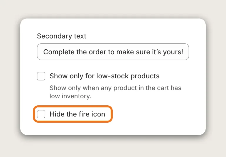 Vitals Cart Notice settings with the Hide the fire icon checkbox highlighted