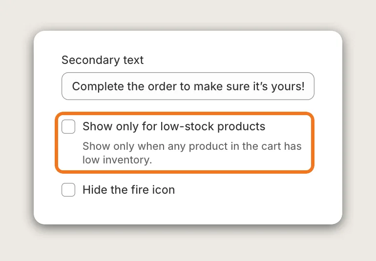 Vitals Cart Notice settings with the Show only for low-stock products checkbox highlighted