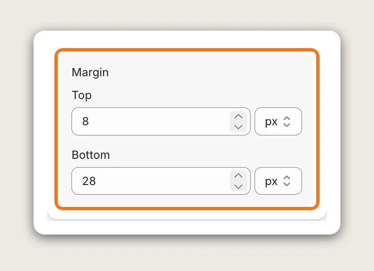 Vitals Cart Notice settings with the Margin box highlighted, Top set to 8 px and Bottom set to 28 px