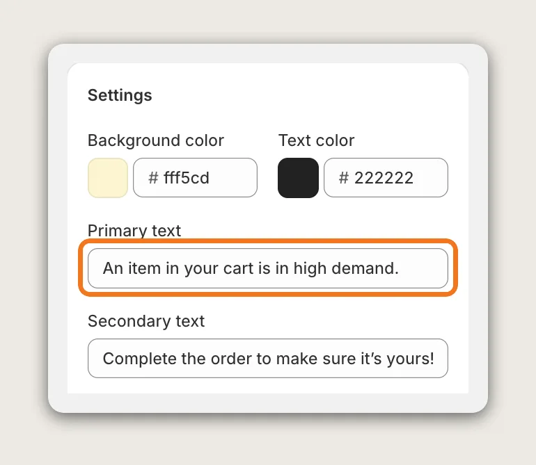 Vitals Cart Notice settings with the Primary text field highlighted