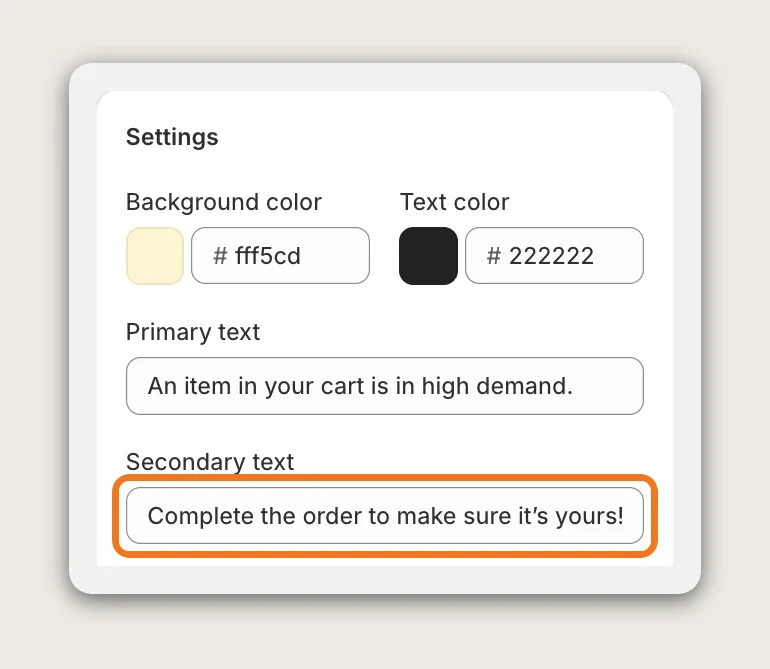 Vitals Cart Notice settings with the Secondary text field highlighted